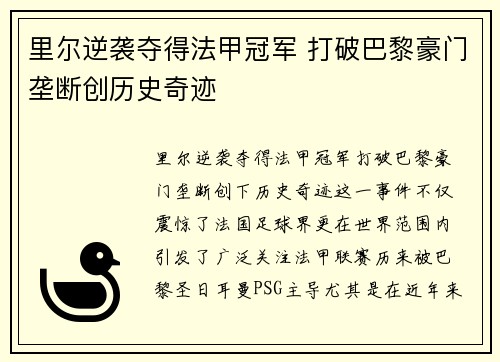 里尔逆袭夺得法甲冠军 打破巴黎豪门垄断创历史奇迹