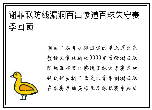 谢菲联防线漏洞百出惨遭百球失守赛季回顾